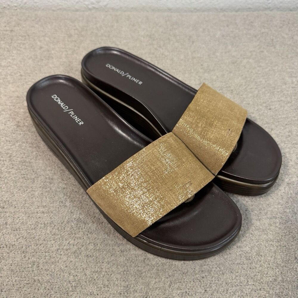 Donald Pliner Fiji Slides Platform Sandals Leather Gold Brown Elegant Women 11